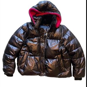 Calvin Klein Jeans Women Shiny Black Puffer Jacket with Pink Lining M